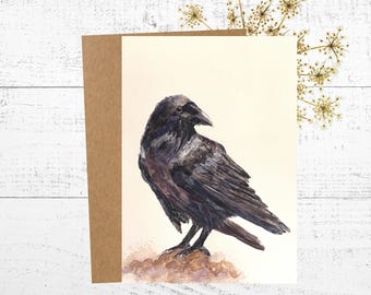 Raven Greeting Card, Watercolor Painting, 5x7 Personalized Notecard
