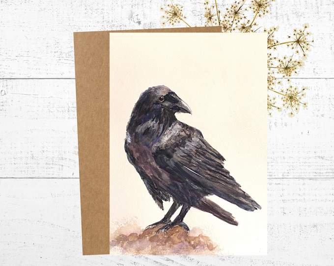 Raven Greeting Card, Watercolor Painting, 5x7 Personalized Notecard