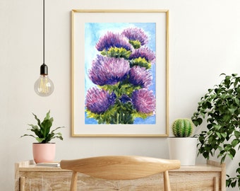 Thistle Art Print, Watercolor Painting of a Bouquet of Beautiful Lavender Flowers, Watercolor Wall Art