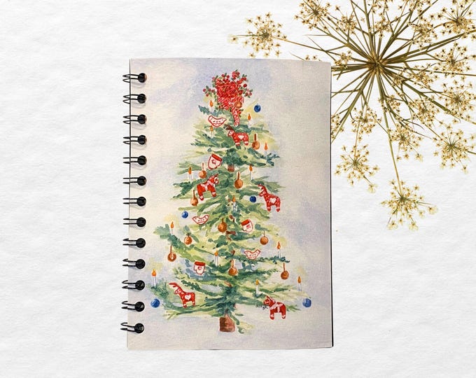 Journal Watercolor Swedish Christmas Tree Journal, Handmade 5x7 Sketchbook