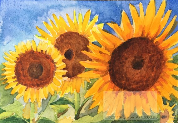 yellow sunflower cheerful home decor wall art 5x7 Original Hand painted watercolor