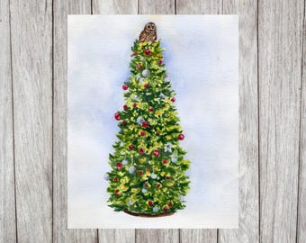 Christmas Tree Art, Watercolor Painting of a Tree Decorated and Topped with an Owl