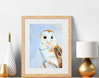 Barn Owl Art Print, Watercolor Painting of Bird of Prey