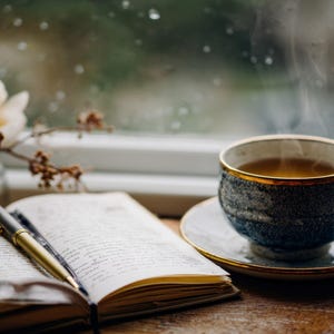 May include: A cozy scene featuring a cup of tea on a saucer, a notebook with a pen, and a flower arrangement. The teacup is blue with a gold rim, and steam rises from the tea. The notebook is open, with handwritten notes.