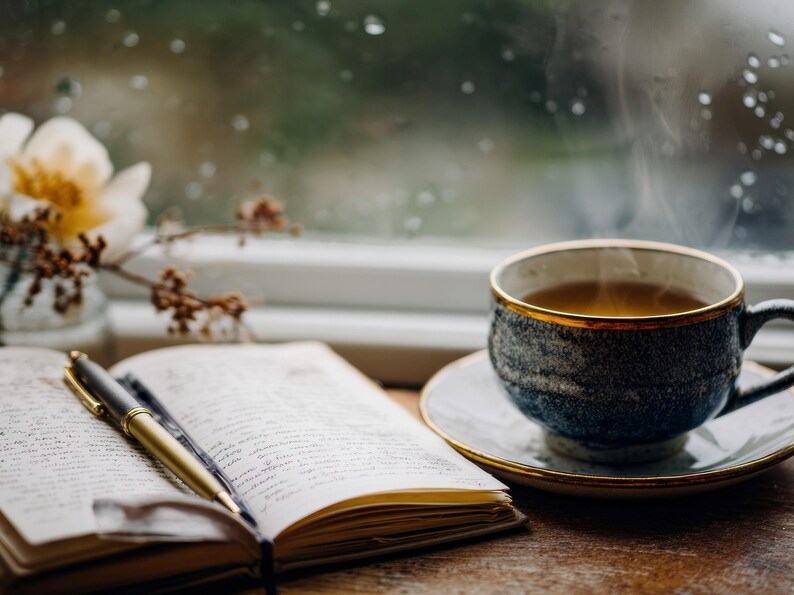 May include: A cozy scene featuring a cup of tea on a saucer, a notebook with a pen, and a flower arrangement. The teacup is blue with a gold rim, and steam rises from the tea. The notebook is open, with handwritten notes.