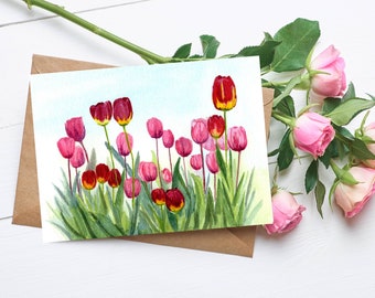 Tulip Card, Personalized 5x7 Greeting Card, Card with Painting of Red and Pink Tulips