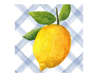 Art Print with Blue Stripes, Watercolor Painting of One Lemon, Fruit Wall Art, Citrus Painting