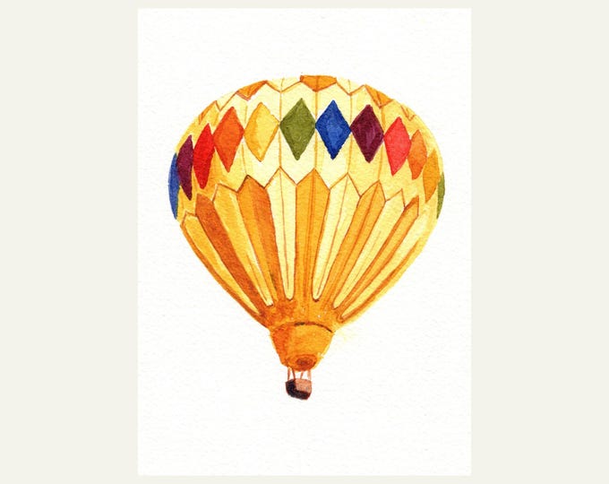 Yellow Hot Air Balloon Watercolor Print with Rainbow Diamonds - Nursery Wall Art Decor
