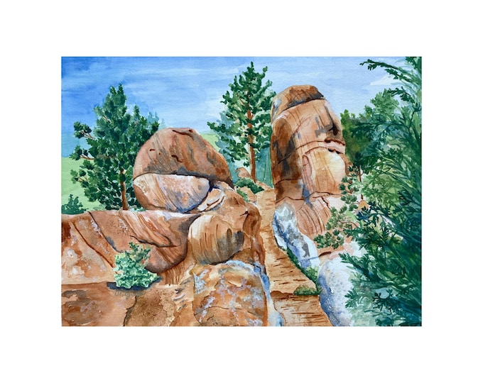 Red Rocks Watercolor Print – Colorado Hiking Trail Art, Mountain Cabin Decor