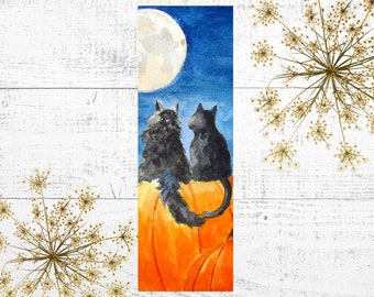 Halloween Bookmark, Cat Art, Bookmark from Original Watercolor Painting of Cats Gazing at the Moon from Pumpkins