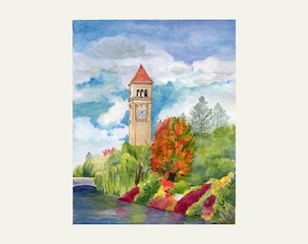 Clock Tower Art Print: Watercolor Painting of Riverfront Park in Spokane Washington