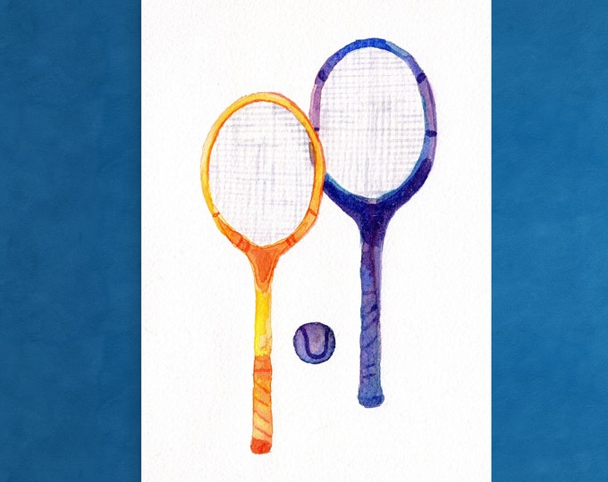Tennis painting, watercolor print, tennis art, colorful tennis rackets, sports wall decor