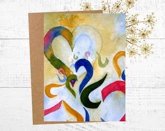 Watercolor Hearts Greeting Card, Handmade Art Notecard, Anniversary, Valentine Love