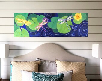 Dragonfly Art Print, Long Narrow Wall Art, Painting of Three Dragonflies Flying Over the Water and Lily pads