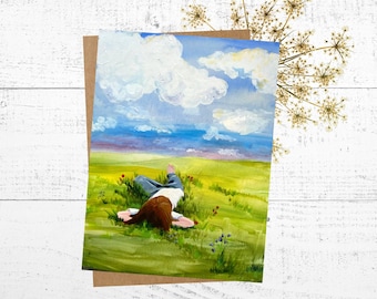 Greeting Card: Painting of Child in the Grass Watching Dancing White Clouds, Card Set