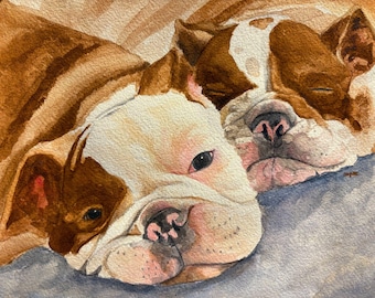 English Bulldog Art Print: Watercolor Painting of Two Puppies