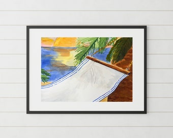 Beach Watercolor Print, Painting of a Hammock Tied to a Palm Tree with a Sunset Over the Ocean in the Background
