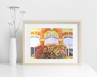 Watercolor Print of Red Geraniums in a Window Garden, Watercolor Wall Art, 8x10 Print, 11x14 Print, 12x16 Print