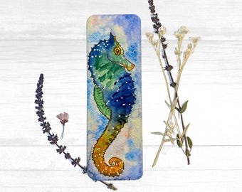 Seahorse Bookmark, Bookish Gift, Watercolor Painting of a Colorful Blue & Green Seahorse, Stationary