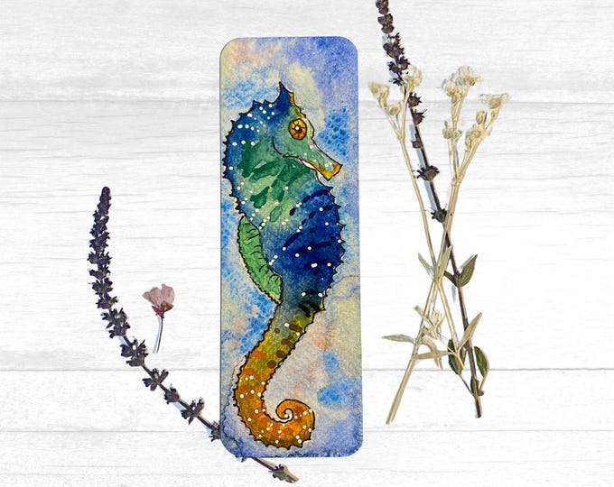 Seahorse Bookmark, Bookish Gift, Watercolor Painting of a Colorful Blue & Green Seahorse, Stationary