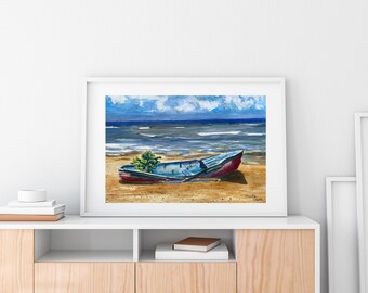 Belize Watercolor Print, Landscape Painting of an Old Boat on a Tropical Beach