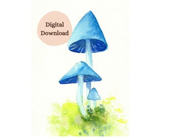 Digital Download, Mushroom Art Print, Watercolor Painting of a Blue Mushroom in Green Moss