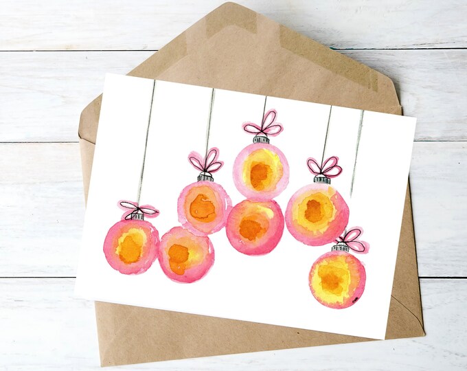 Pink Holiday Ornament Watercolor Cards, 5x7 Personalized Cards, Watercolor Painting of Pink & Orange Christmas Keepsake Ornaments