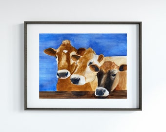 Cow Art Print, Painting of Three Brown Jersey Cows Looking Over a Fence, Watercolor Wall Art