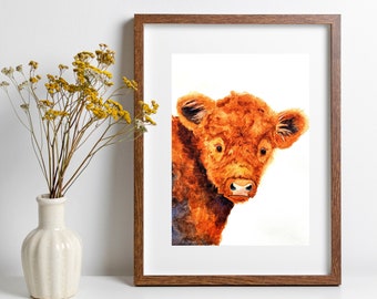 Highland Cow Print, Cow Wall Art, Watercolor Painting of a Highland Cow Calf
