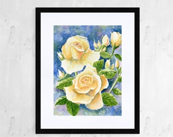 Yellow Rose Art Print, Watercolor Painting of Beautiful Yellow Climbing Roses