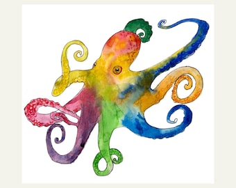 Octopus Print: Colorful Kids Room Watercolor Art, Whimsical Decor for Children
