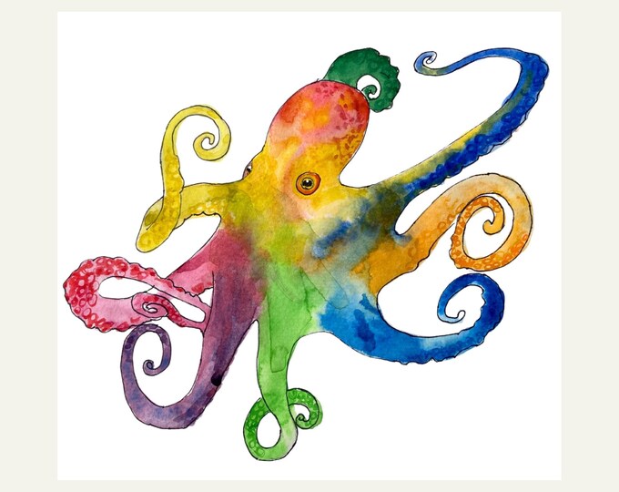 Octopus Print: Colorful Kids Room Watercolor Art, Whimsical Decor for Children