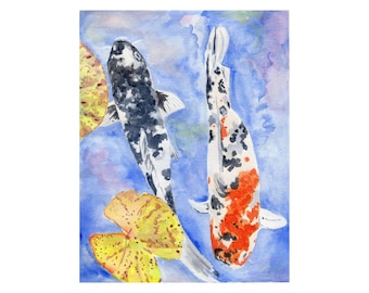 Colorful Koi Fish Watercolor Print with Lily Pads for Home or Nursery Decor