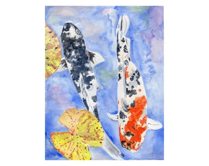 Colorful Koi Fish Watercolor Print with Lily Pads for Home or Nursery Decor