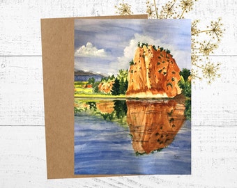 Greeting Card with Painting of a Red Rock Formation Reflected in a Lake in Colorado, 5x7 Personalized Greeting Card