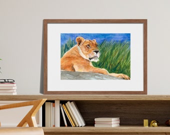 Lion Art Print, Watercolor Painting of a Lioness Resting on a Boulder, Cat Wall Art, 8x10 Print, 11x14 Print