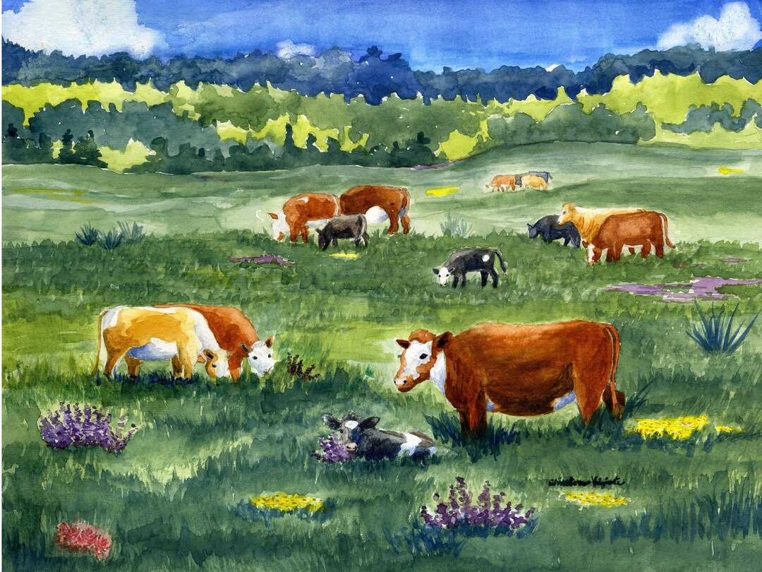 Farmhouse Print, Watercolor Painting of Cows Grazing in a Meadow - Etsy