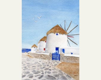 Mykonos Greece Watercolor Print: Aegean Island Wall Art, Harbor Windmills