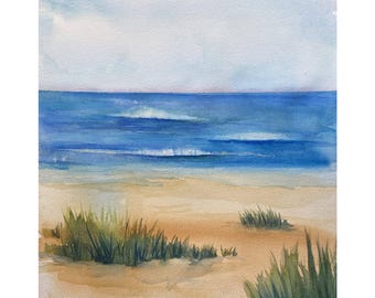 Coastal Ocean Watercolor Art Print, Vertical Blue Sea Painting