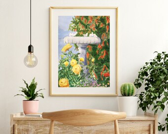 Art Print, Rose Garden Watercolor Print, Flower Wall Art, Botanical Painting