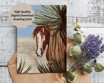 Horse Greeting Card, Digital Download, Personalized 5x7in Printable Greeting Card from Original Watercolor Painting of a Wild Horse.