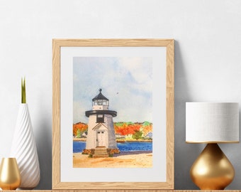 Lighthouse Art Print, Watercolor Painting of Mystic Lighthouse in Connecticut, Landscape Painting, Art Print