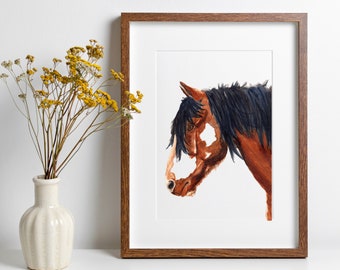 Horse Watercolor Print, Equine Art Print, Painting of a Brown and White Wild Horse