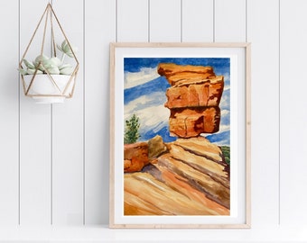 Colorado Painting, Watercolor Print of Balanced Rock in Garden of the Gods Park, Mountain Wall Art