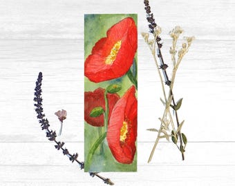 Watercolor Red Poppy Bookmarker for Reader Fans, Laminated Art for a Book Lover Gift
