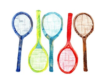Tennis painting, watercolor print, Tennis art, watercolor painting, colorful tennis rackets, sports wall decor