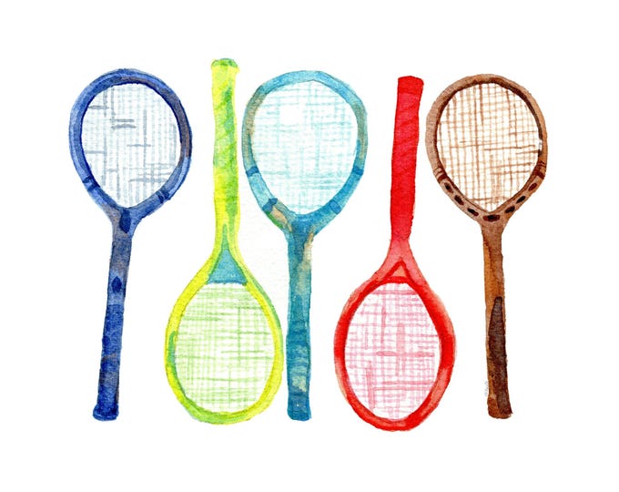 Tennis painting, watercolor print, Tennis art, watercolor painting, colorful tennis rackets, sports wall decor
