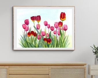 Tulip Art Print, Botanical Artwork, Painting of Pink and Red Tulips at Manito Park, Spokane, Washington