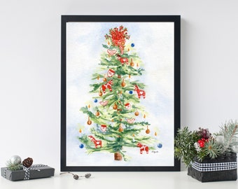 Swedish Christmas Tree Painting, Large Wall Decor, Holiday Wall Art, Scandinavian Christmas Tree Painting