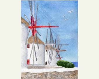 Mykonos Windmill Print: Aegean Island Wall Art, Harbor Greece Watercolor